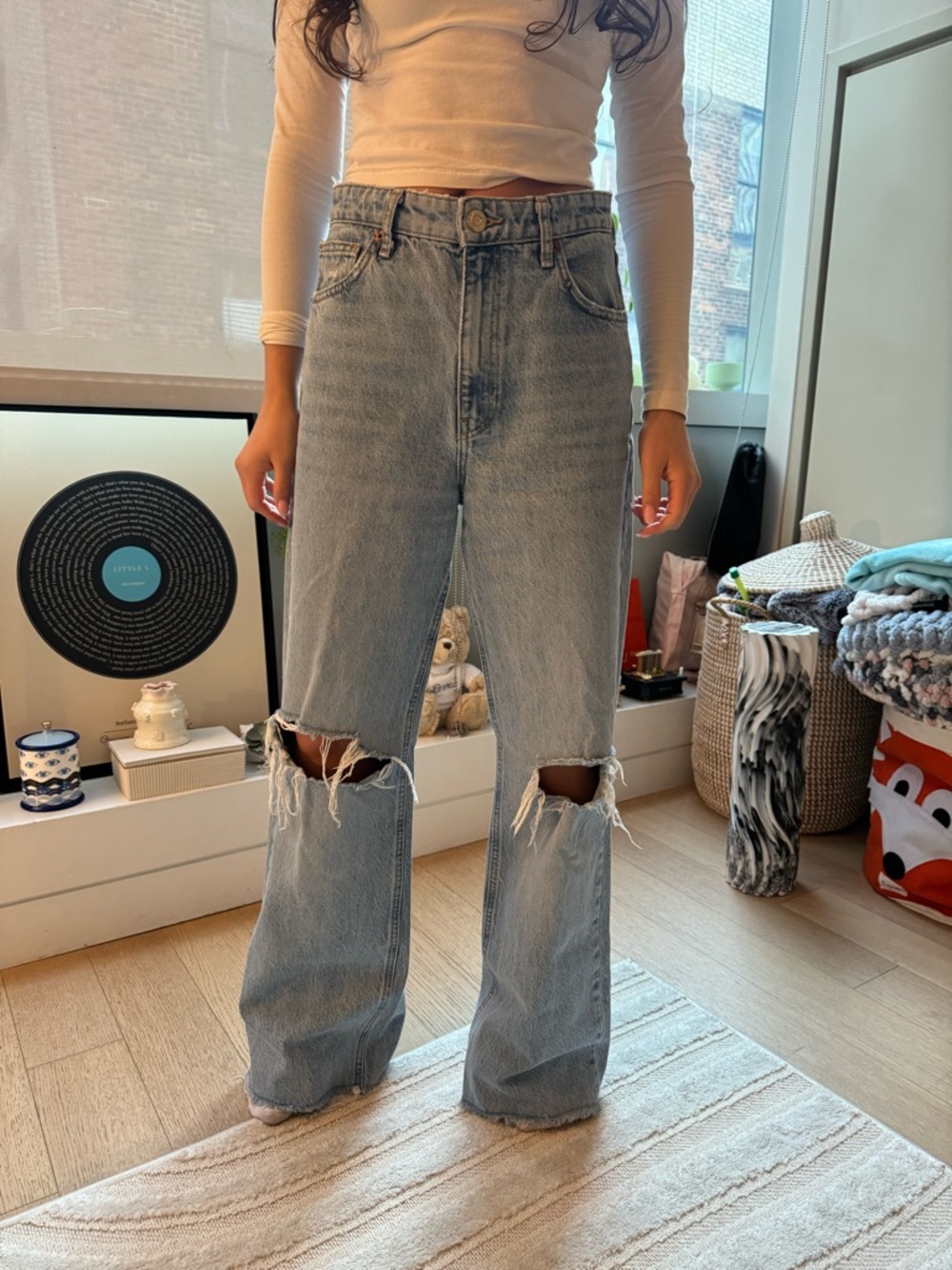 Zara High-Rise Distressed Wide-Leg Jeans - Light Blue